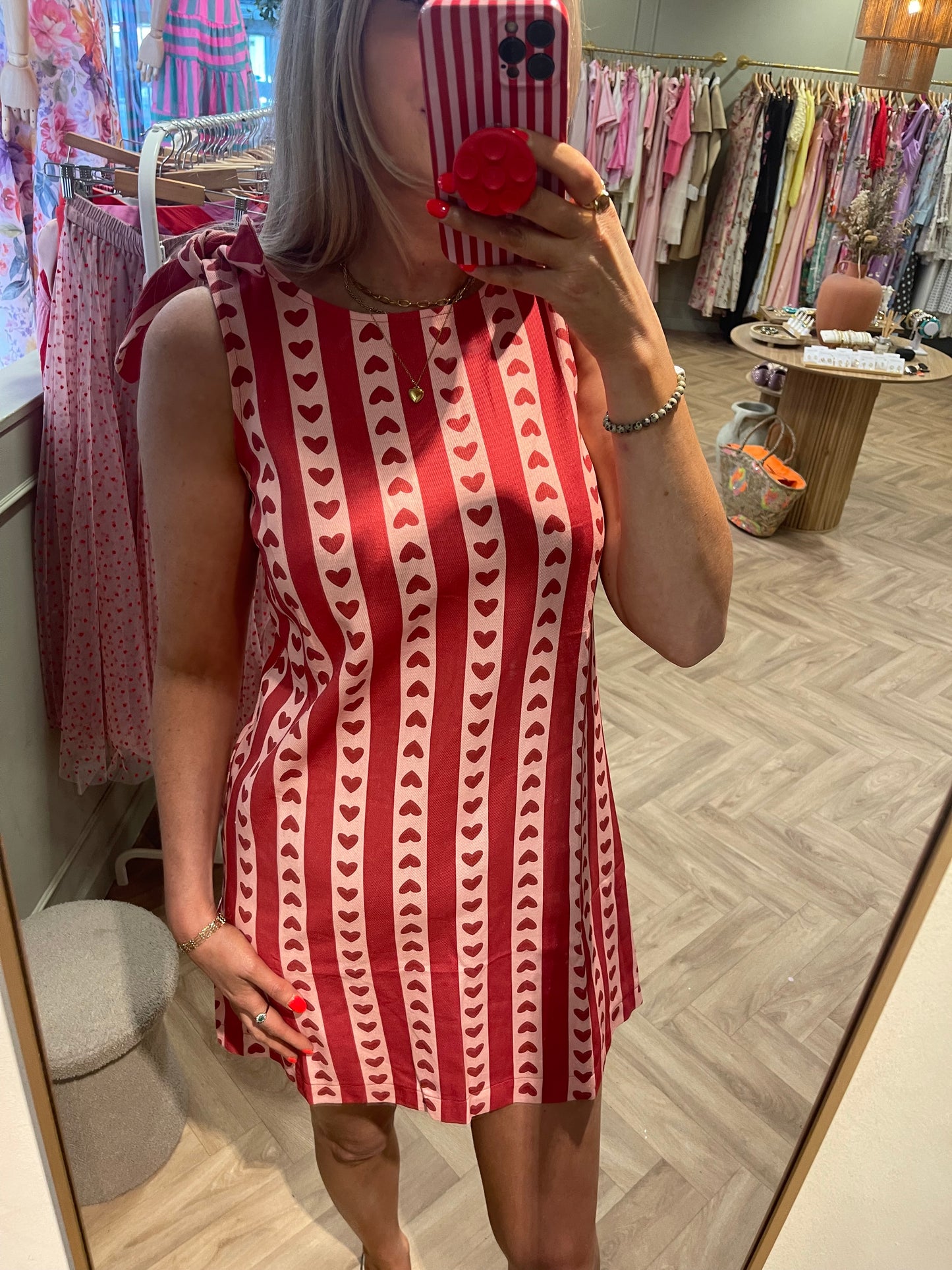 Maggie pink heart print red denim dress