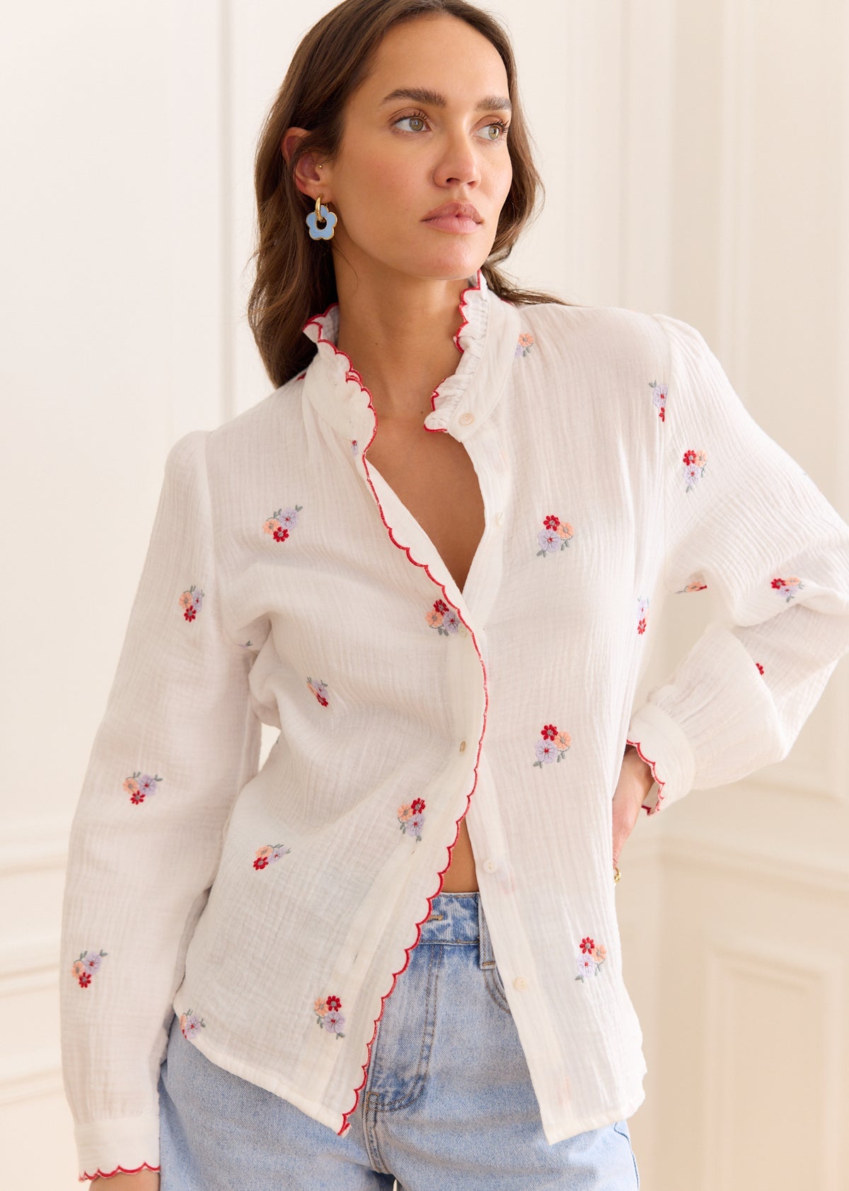 Chloe floral embroidered trim blouse