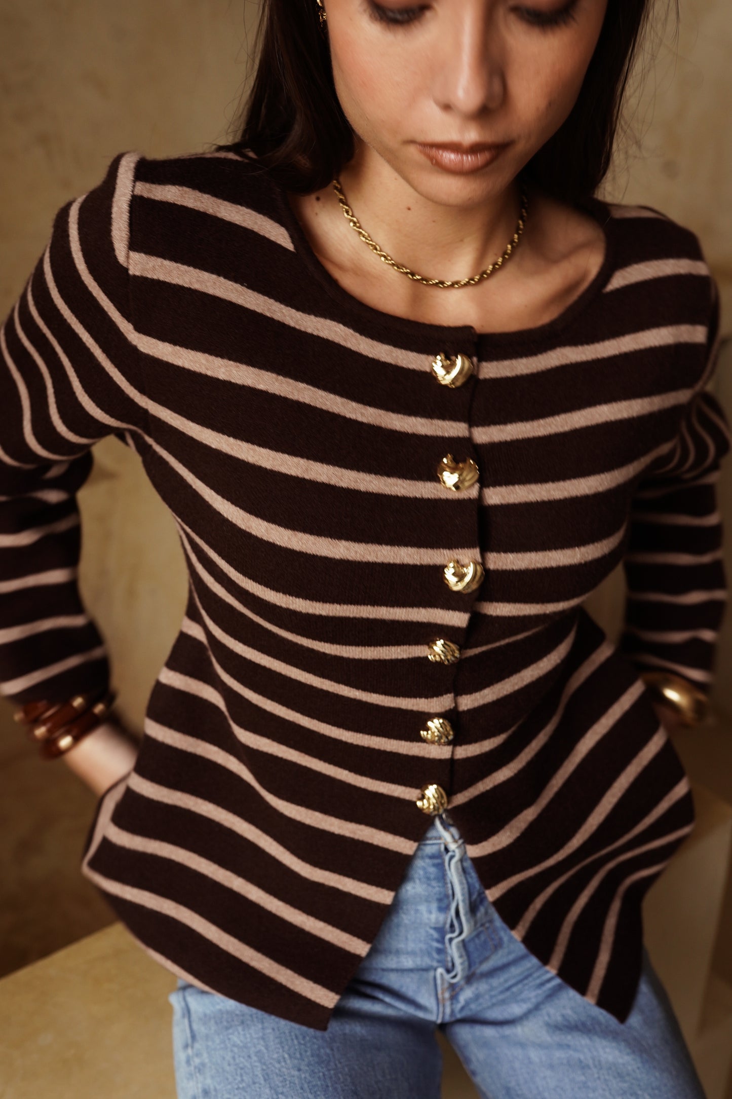 Kylie brown striped gold button cardigan