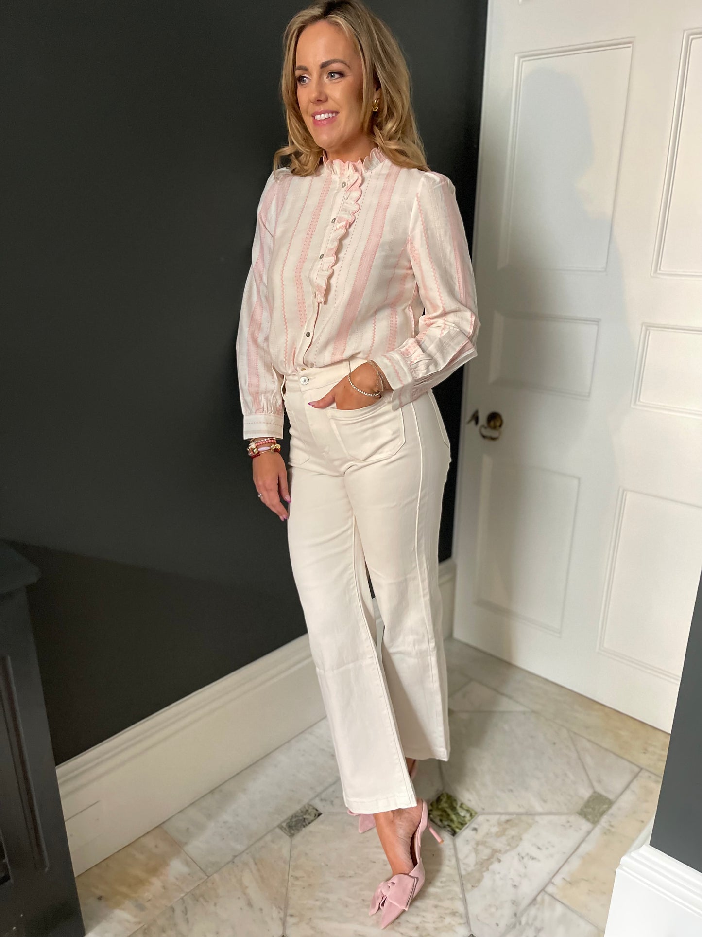 Lucille soft pink striped ruffle blouse