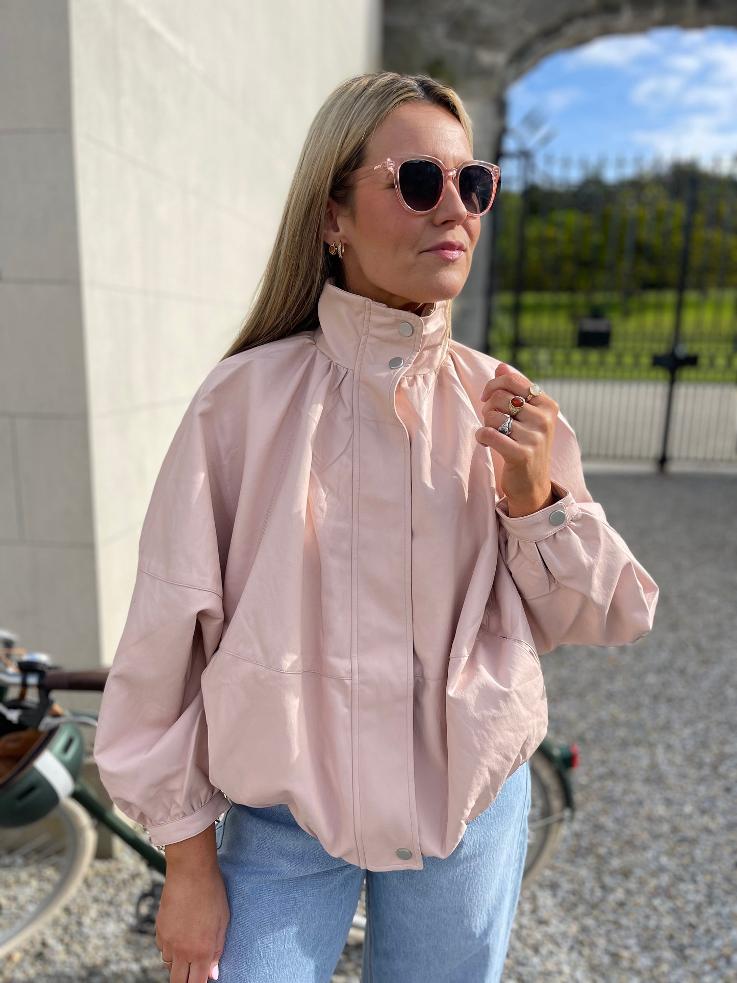 Carly pink leather funnel neck leather jacket
