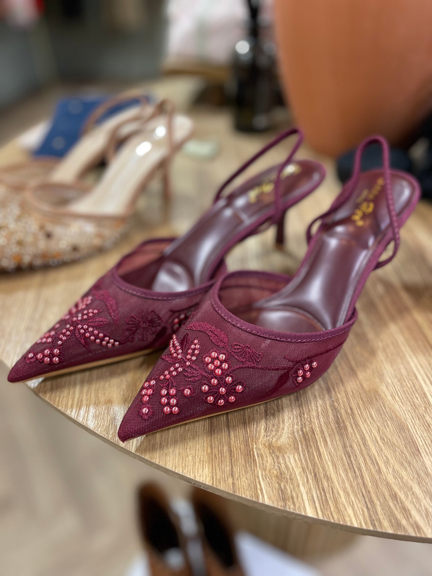 Burgundy embellished sling back mid heel shoes
