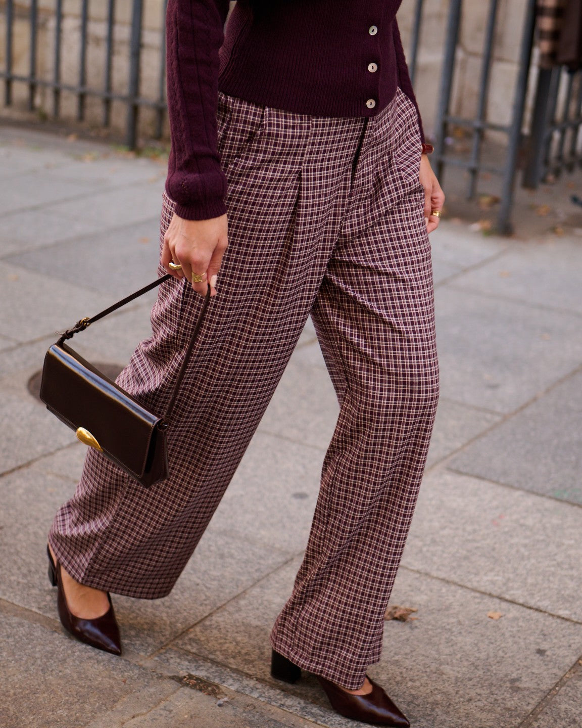 Paula burgundy check print trousers