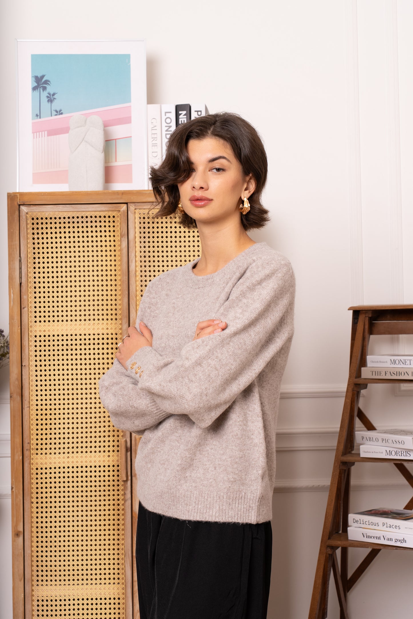 Lauren taupe fluffy jumper with sleeve gold buttons