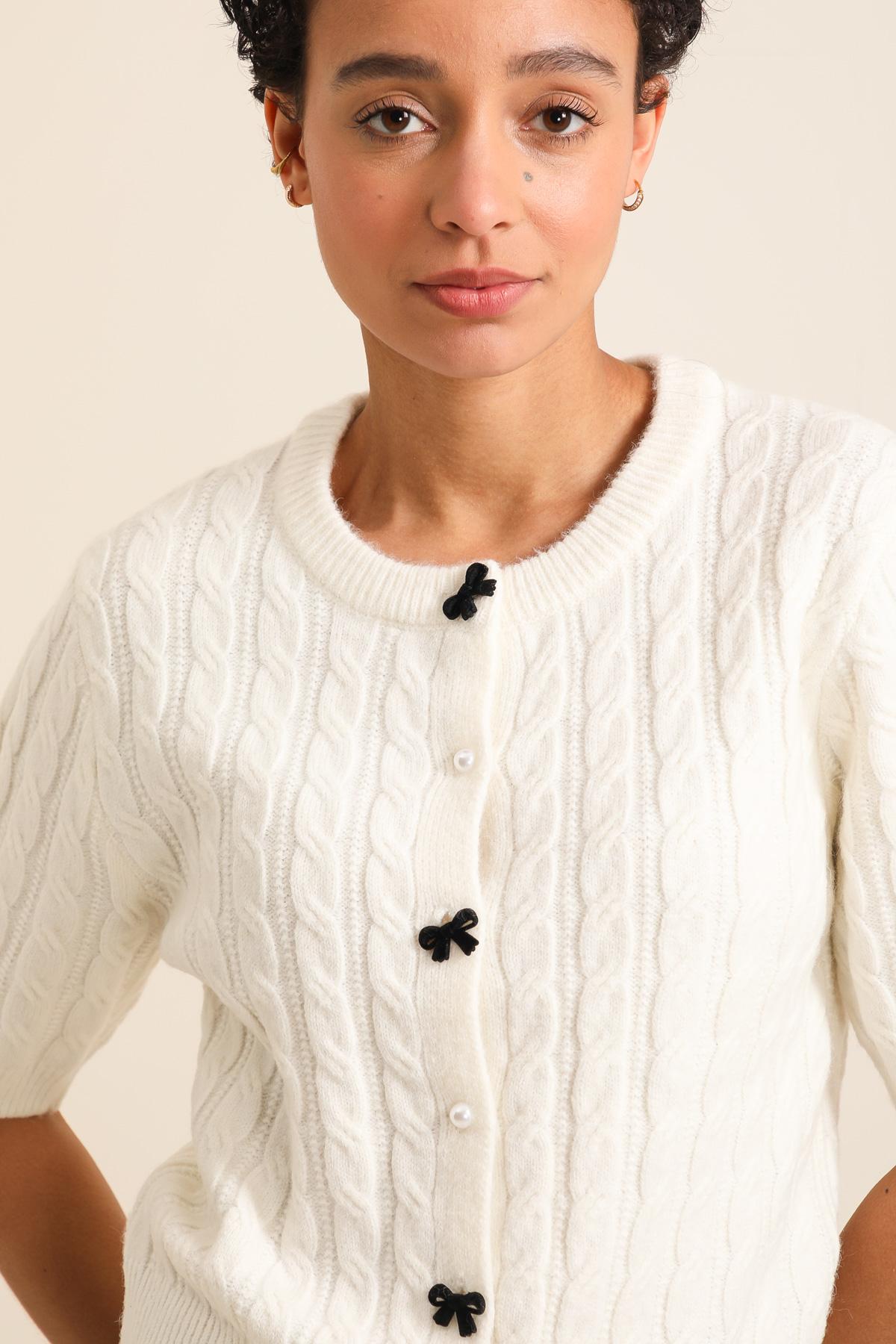 Gwen cable knit jumper with bows and pearls