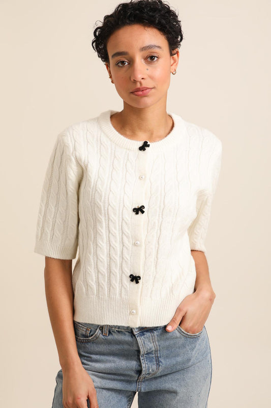 Gwen cable knit jumper with bows and pearls