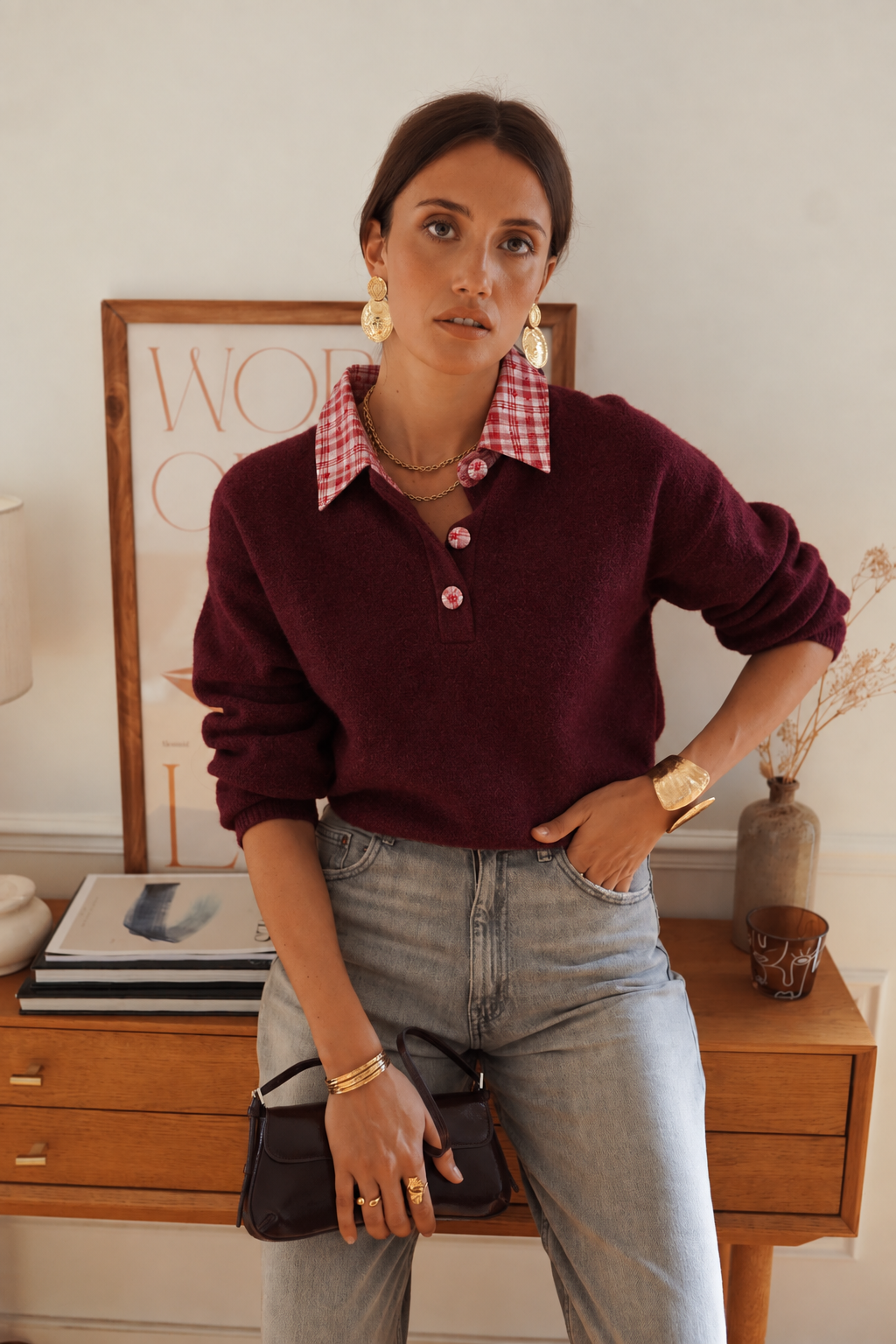 Emily burgundy jumper with shirt collar