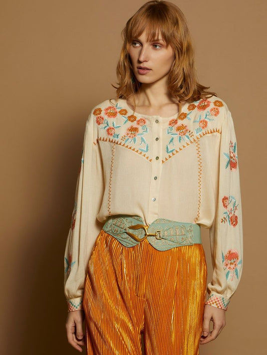 Bambula blouse with floral embroidery