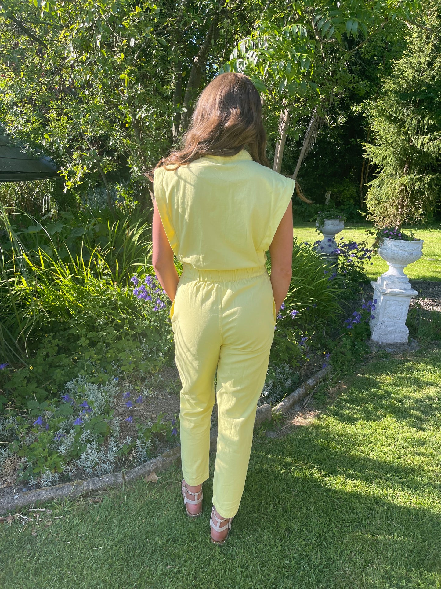 Evie short sleeve light wash yellow denim jumpsuit