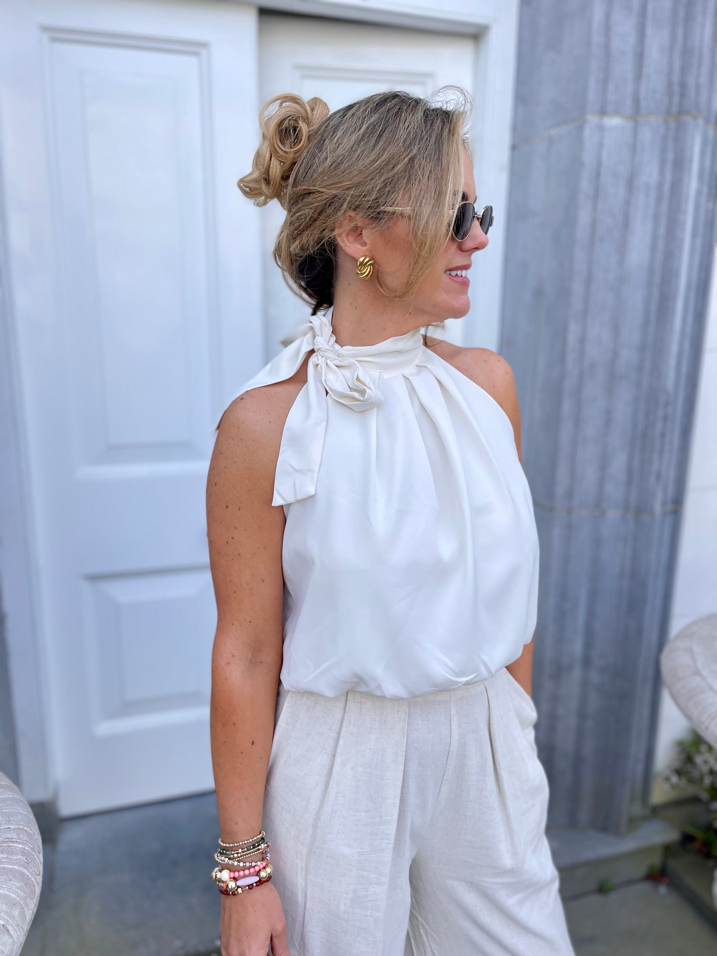 Justine bow neck cream top