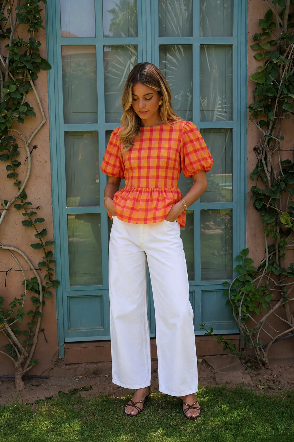 Ruby orange gingham peplum bow tie top
