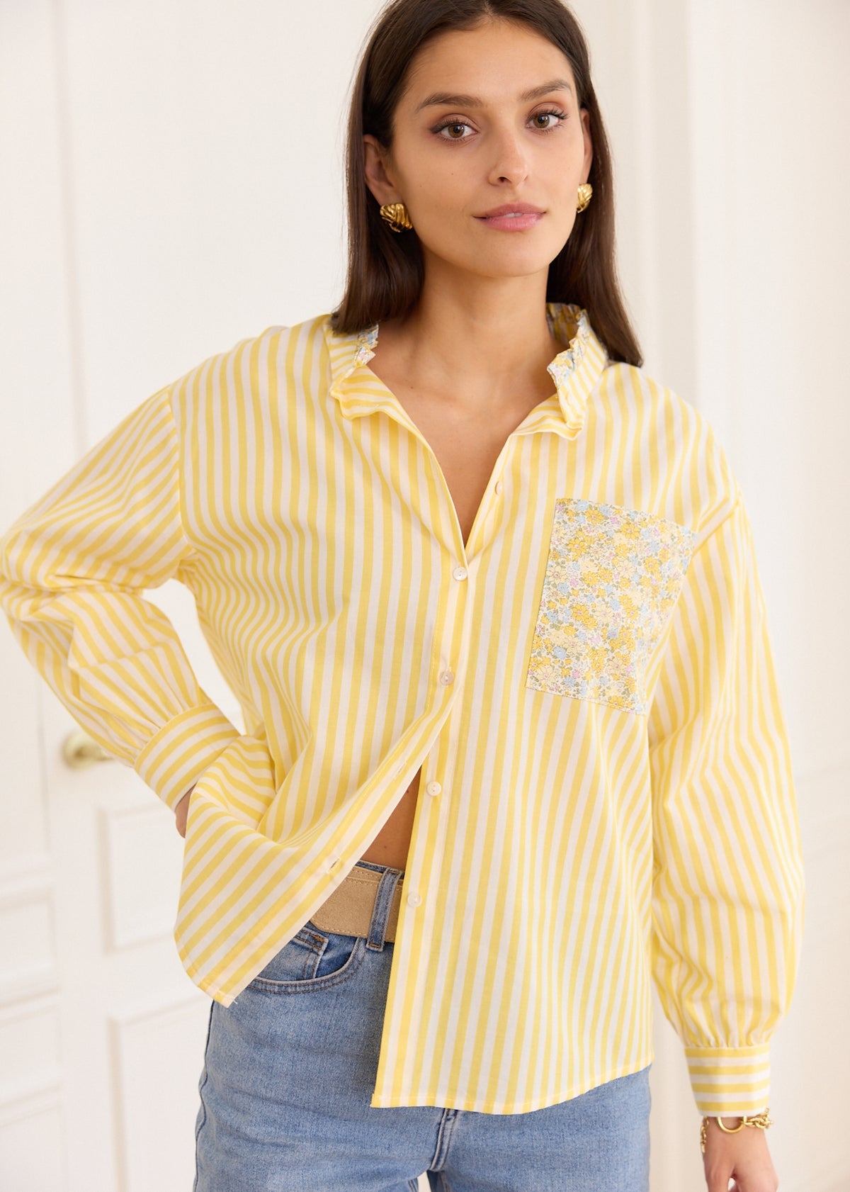 Mila yellow striped floral pocket shirt