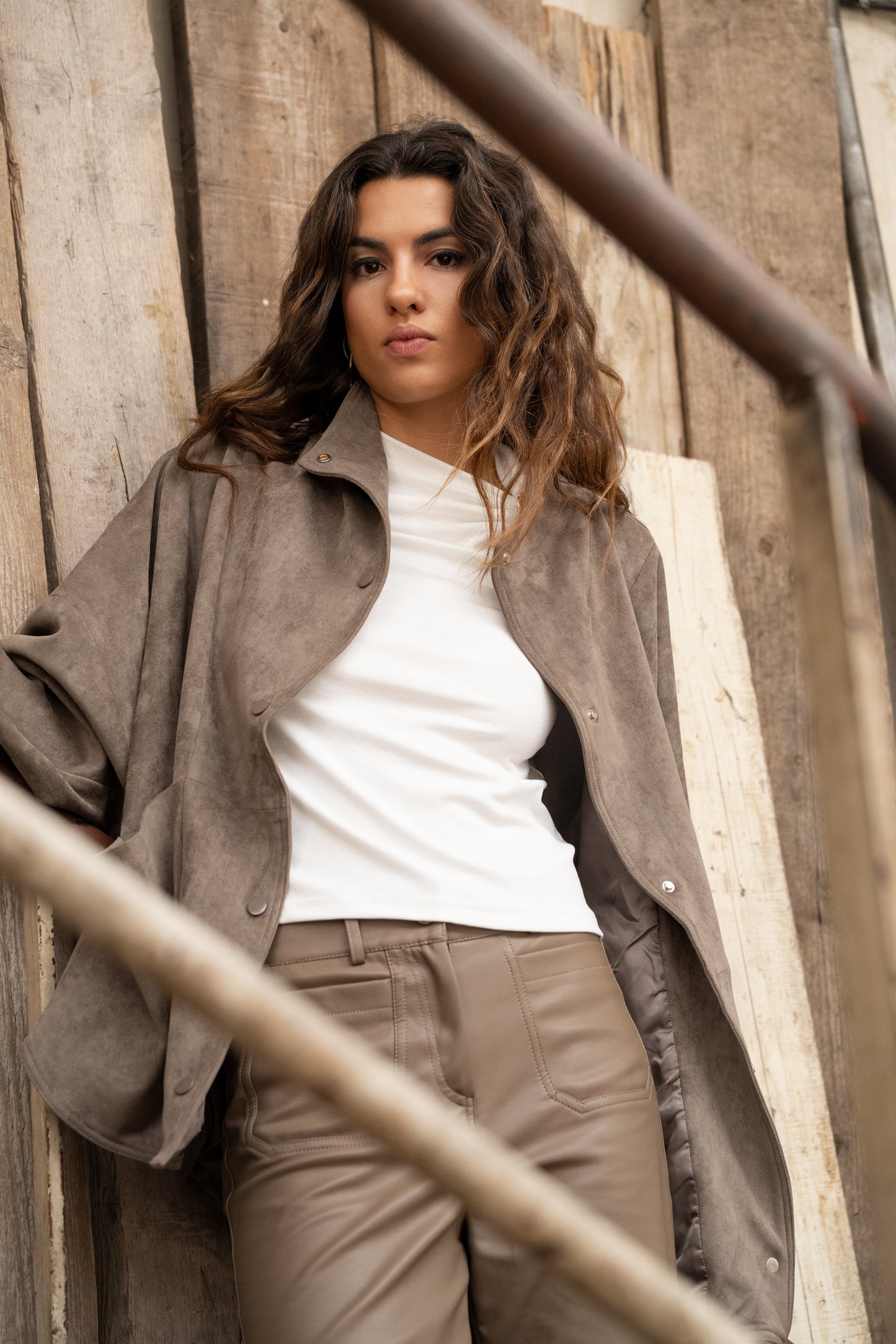 Sofia taupe suede funnel neck jacket