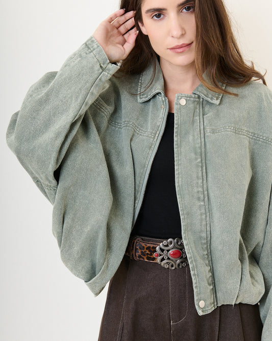 Millie khaki washed denim bomber jacket