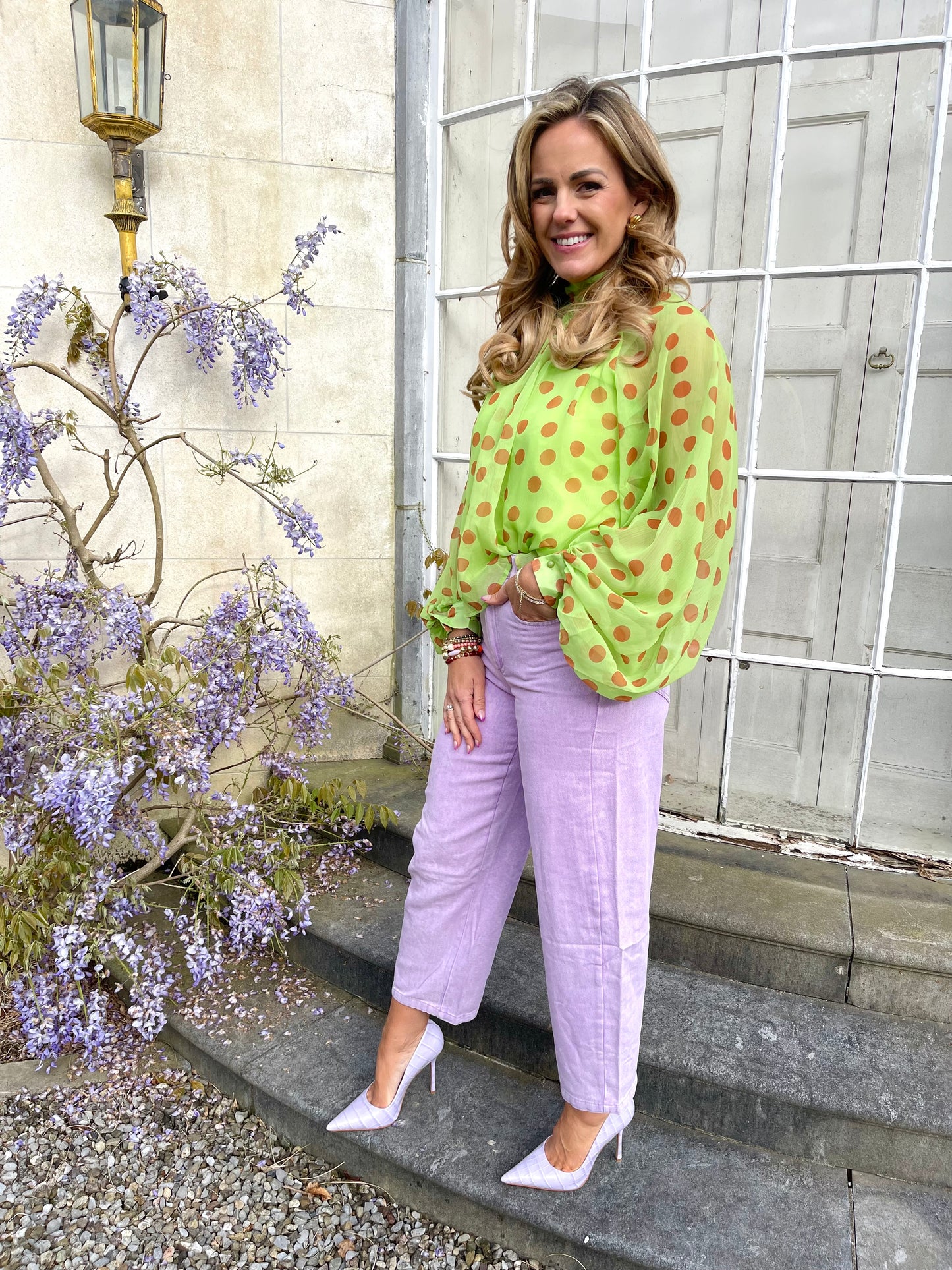 Green polka dot balloon sleeve top