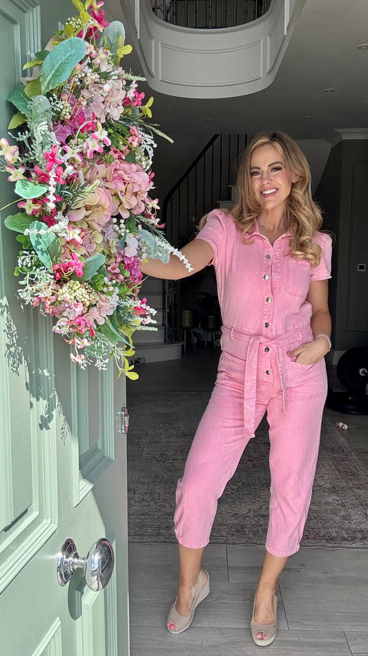 Preorder Bella candy pink denim jumpsuit