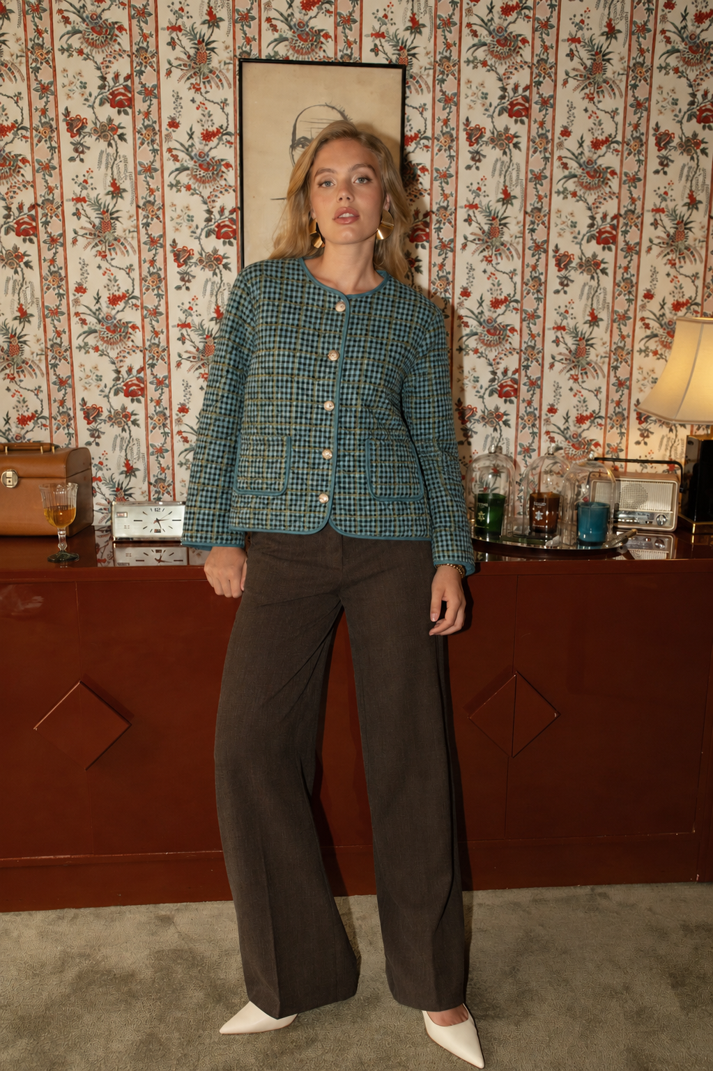 Maria green chequered quilted jacket