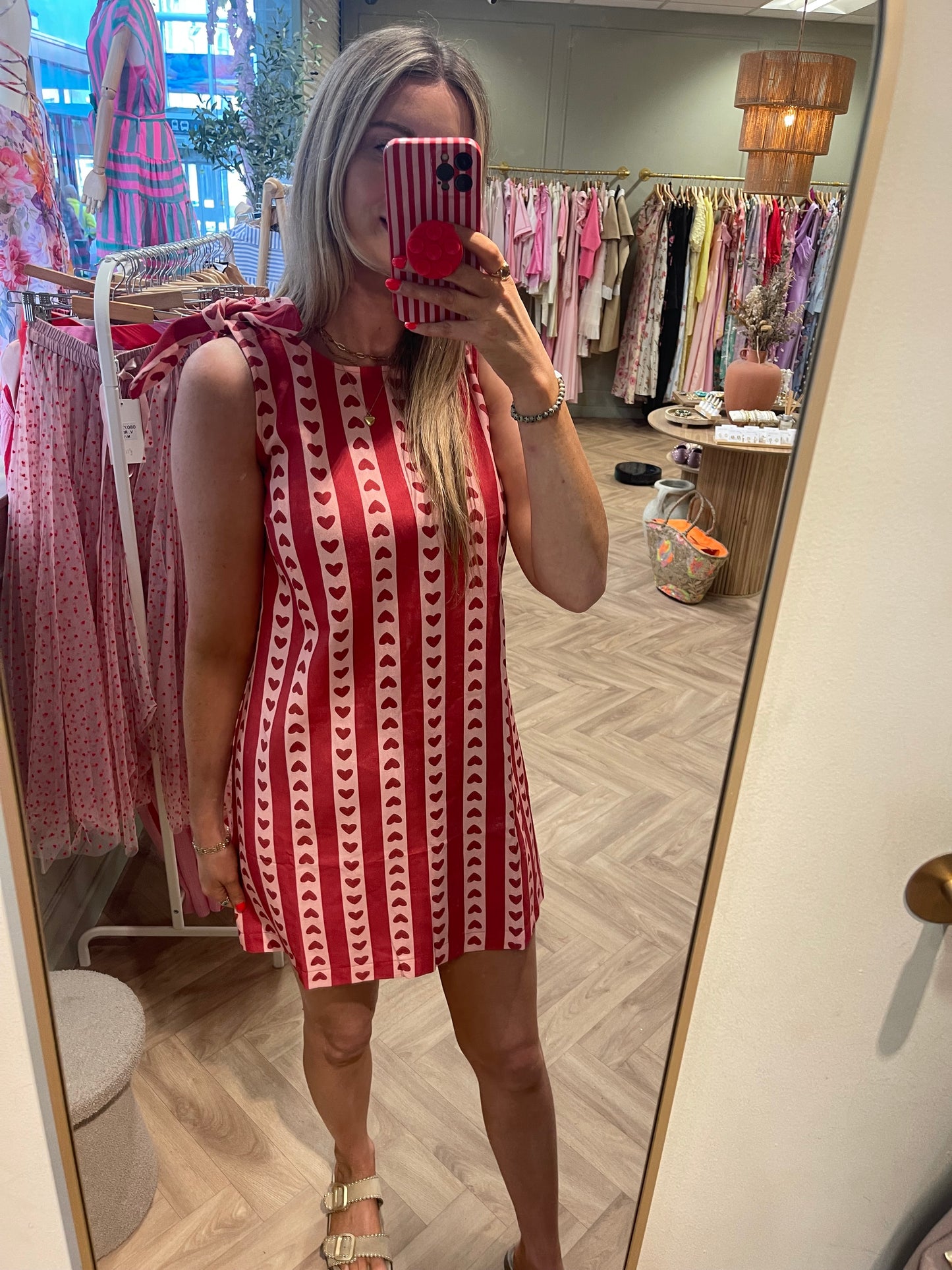 Maggie pink heart print red denim dress