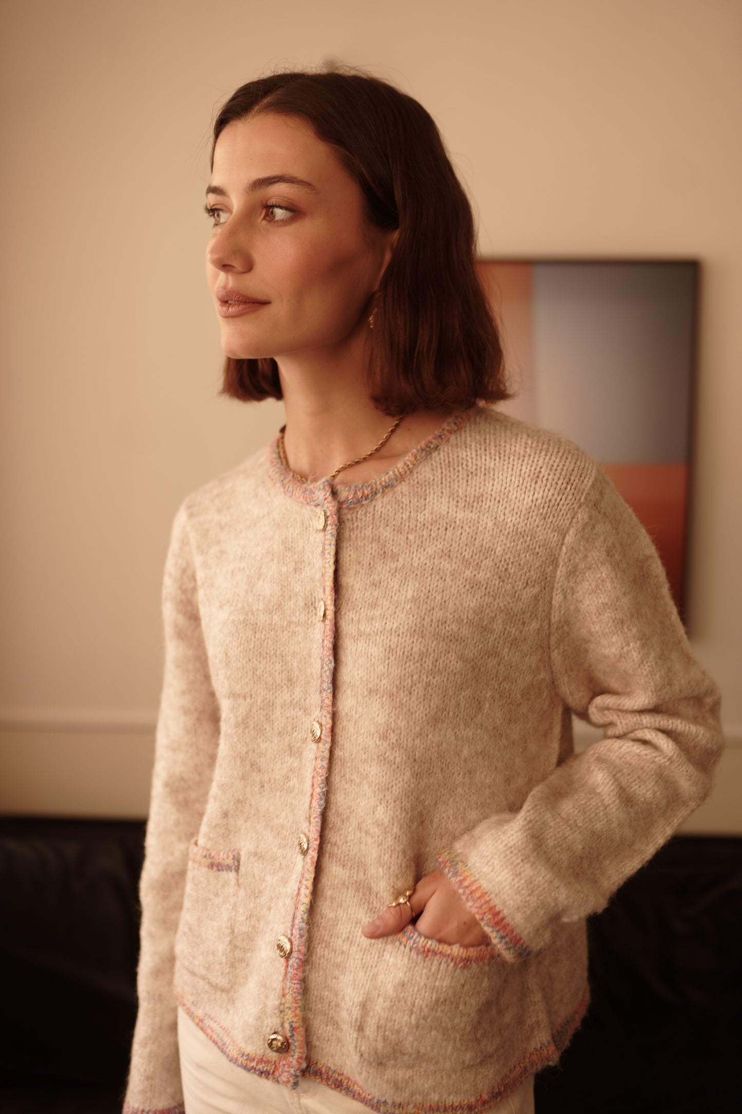 Tilly beige rainbow trim cardigan
