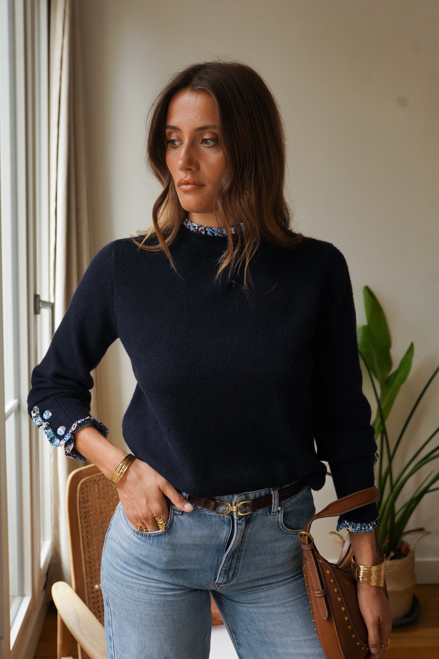 Kim navy jumper with floral trim