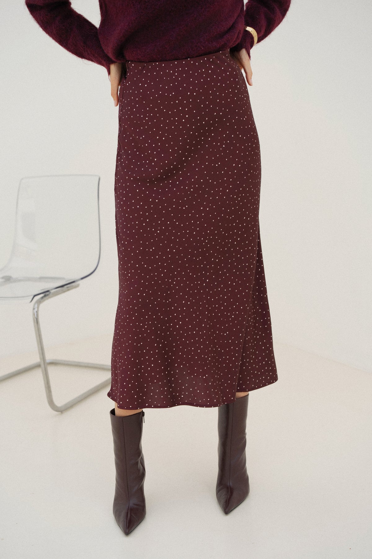 Maria burgundy polka dot satin skirt