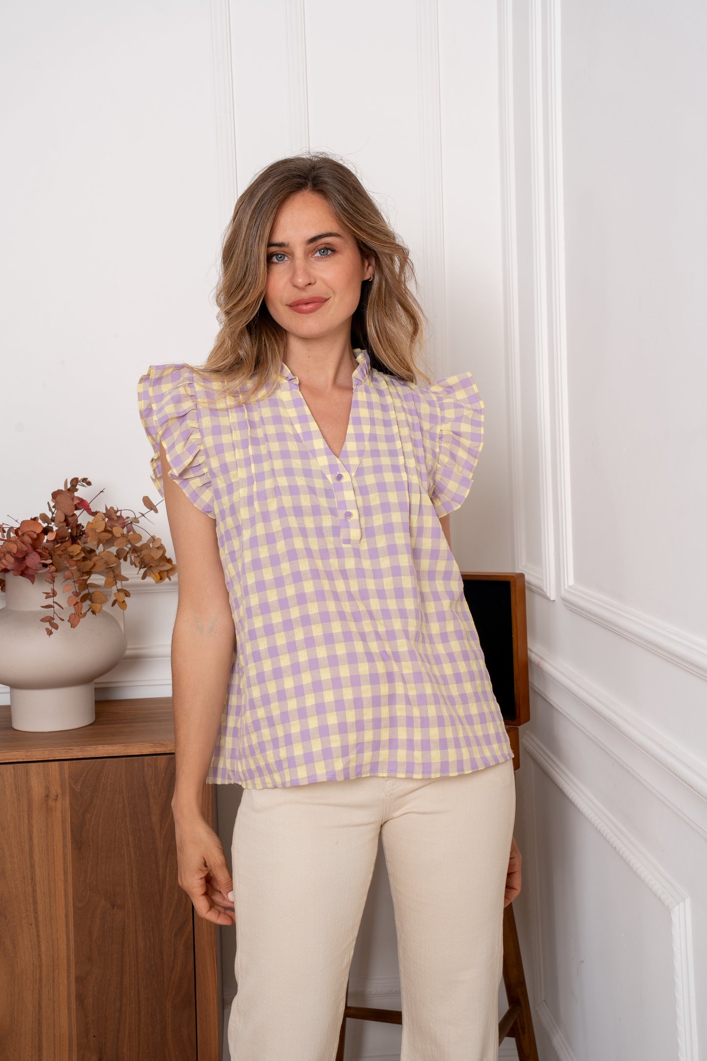 June gingham chequered purple top
