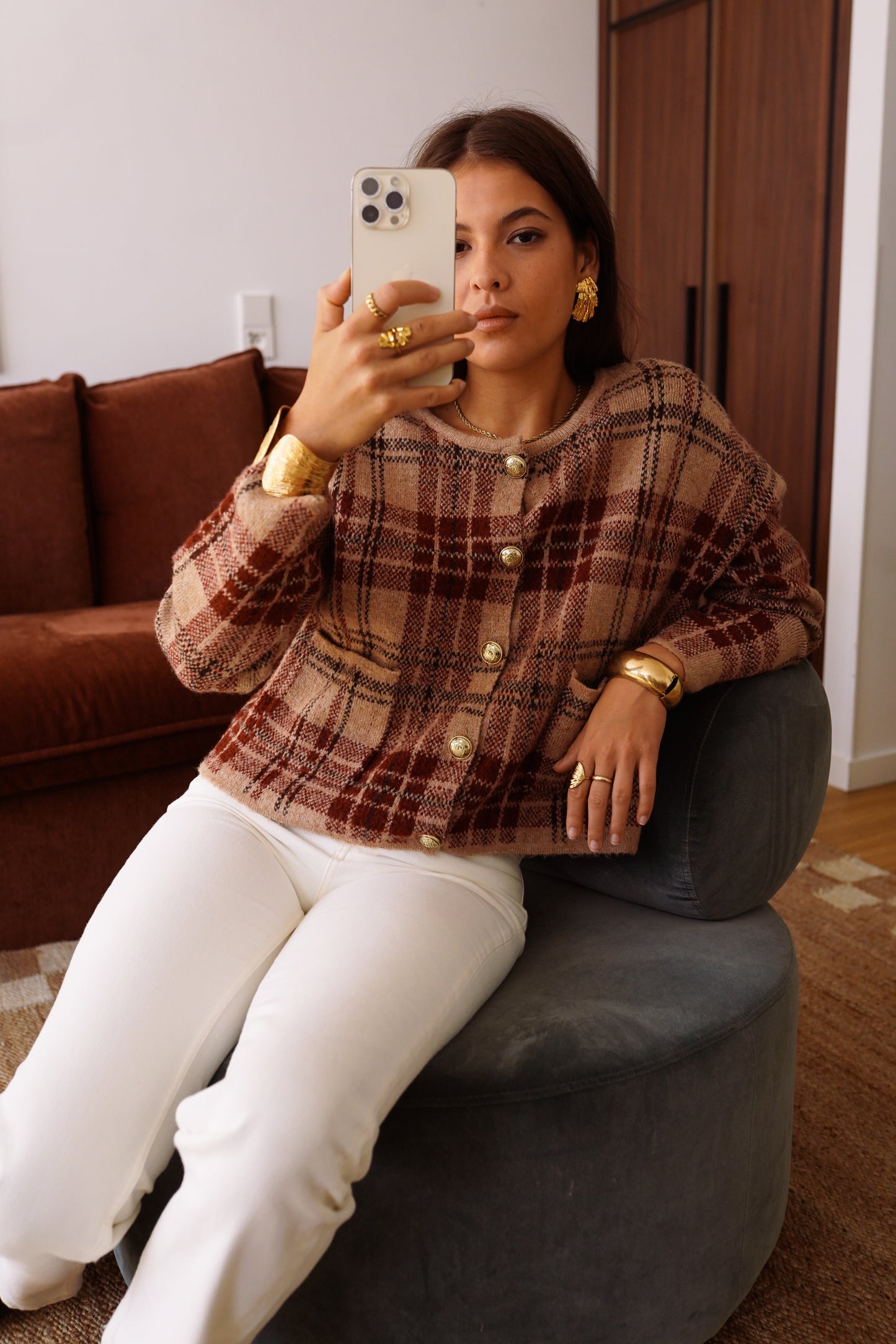 Chloe tartan check print cardigan with gold buttons