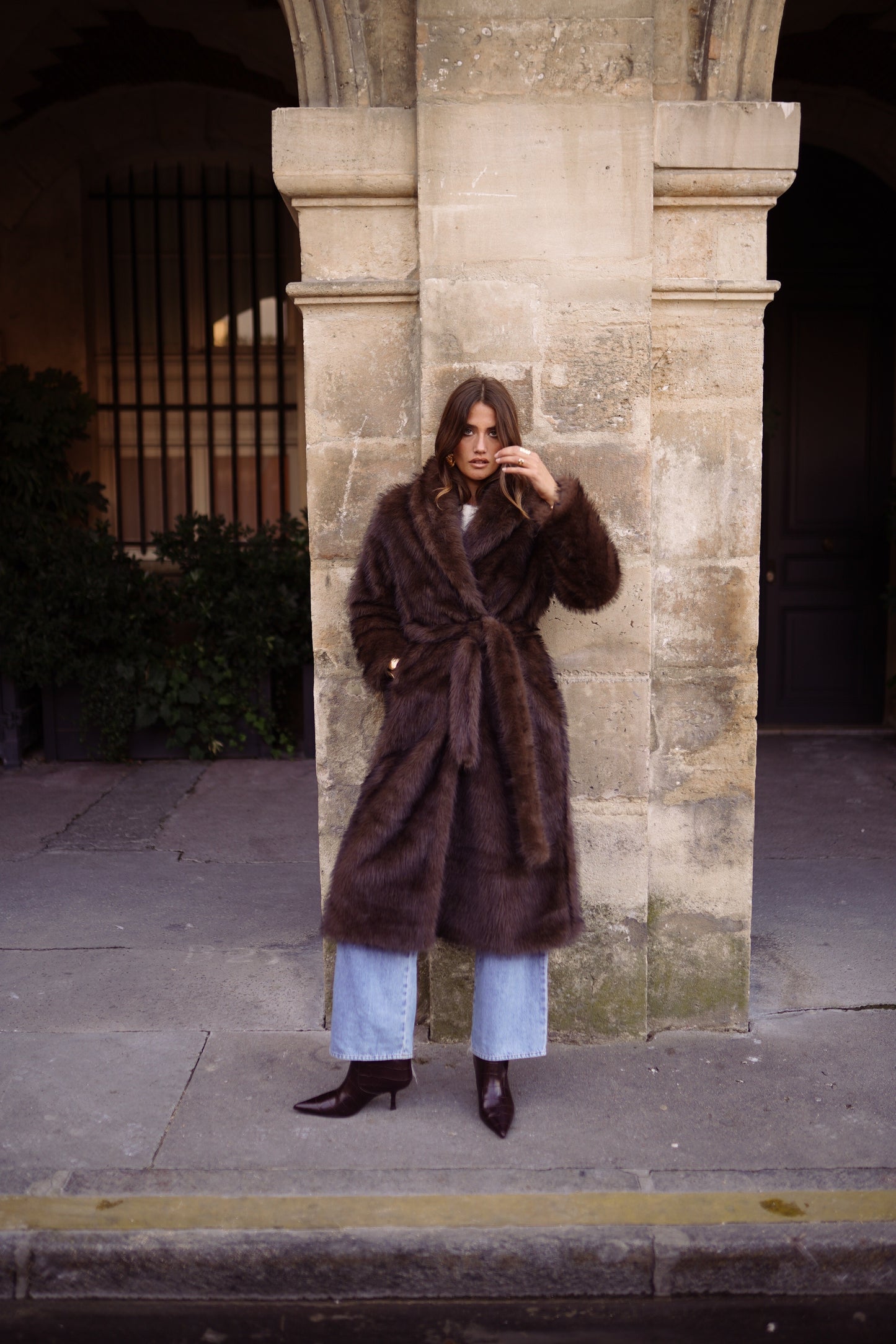 Freya long brown faux fur coat