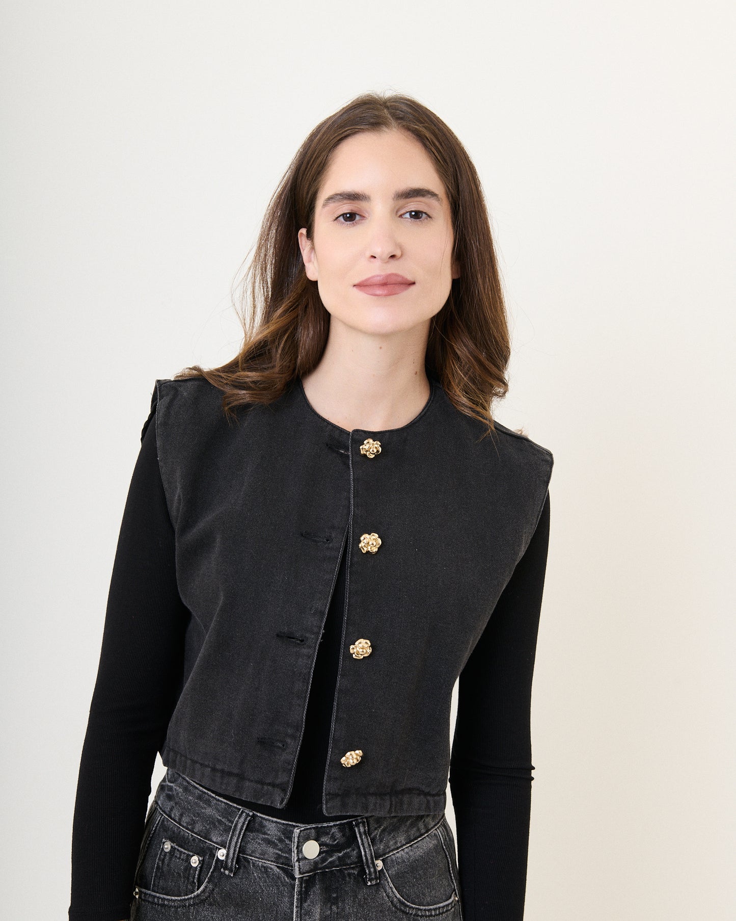 Emma black denim waistcoat gold flower buttons