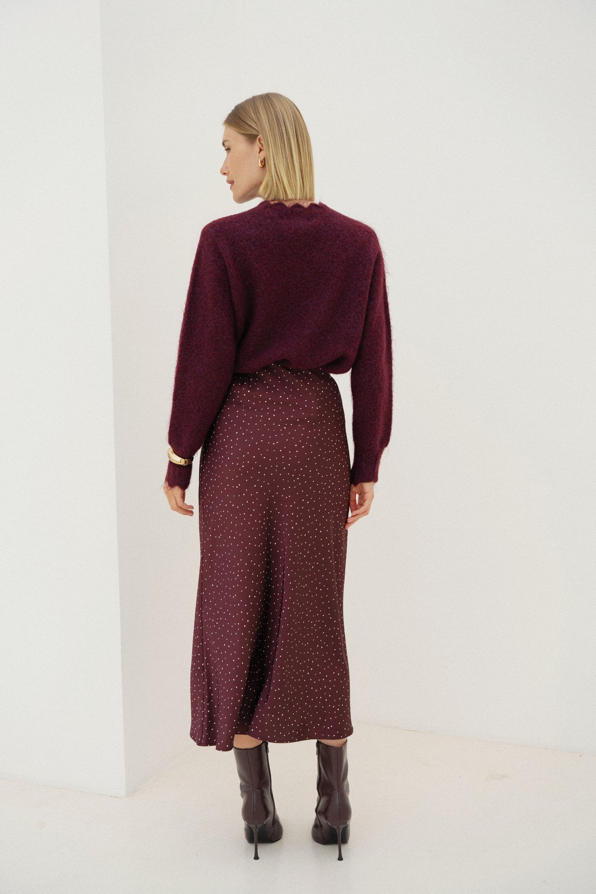 Maria burgundy polka dot satin skirt
