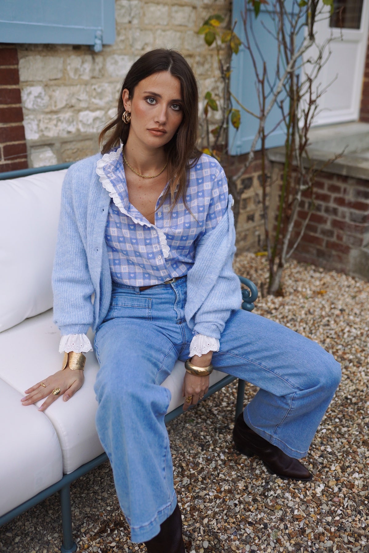 Naomi blue check heart print blouse