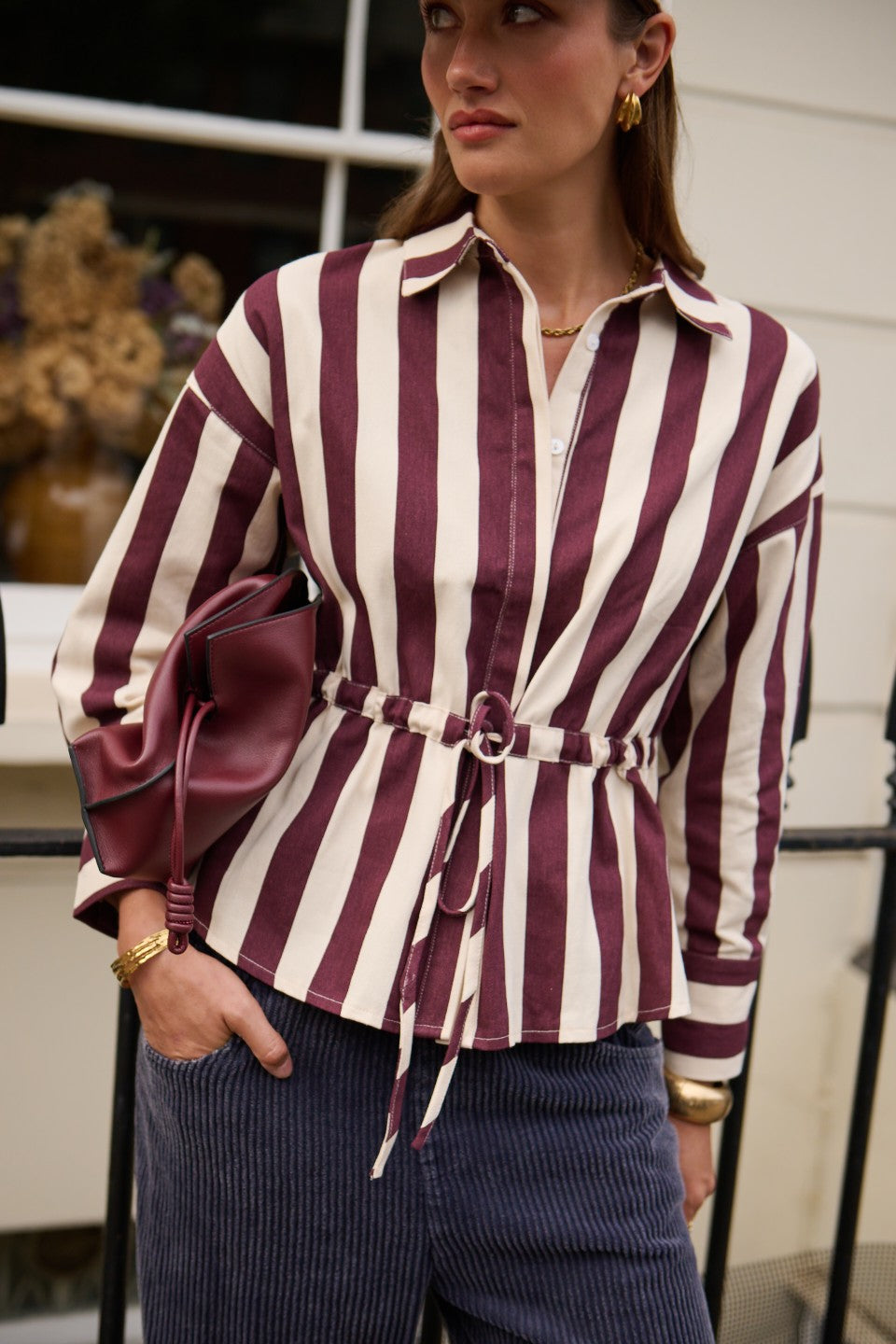 Suzy striped burgundy tie stripe over shirt