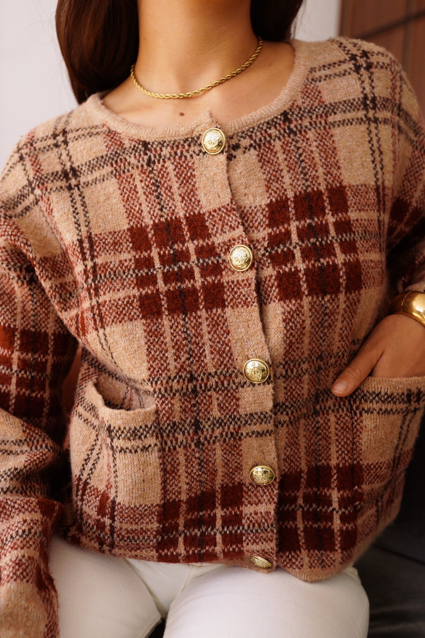 Chloe tartan check print cardigan with gold buttons