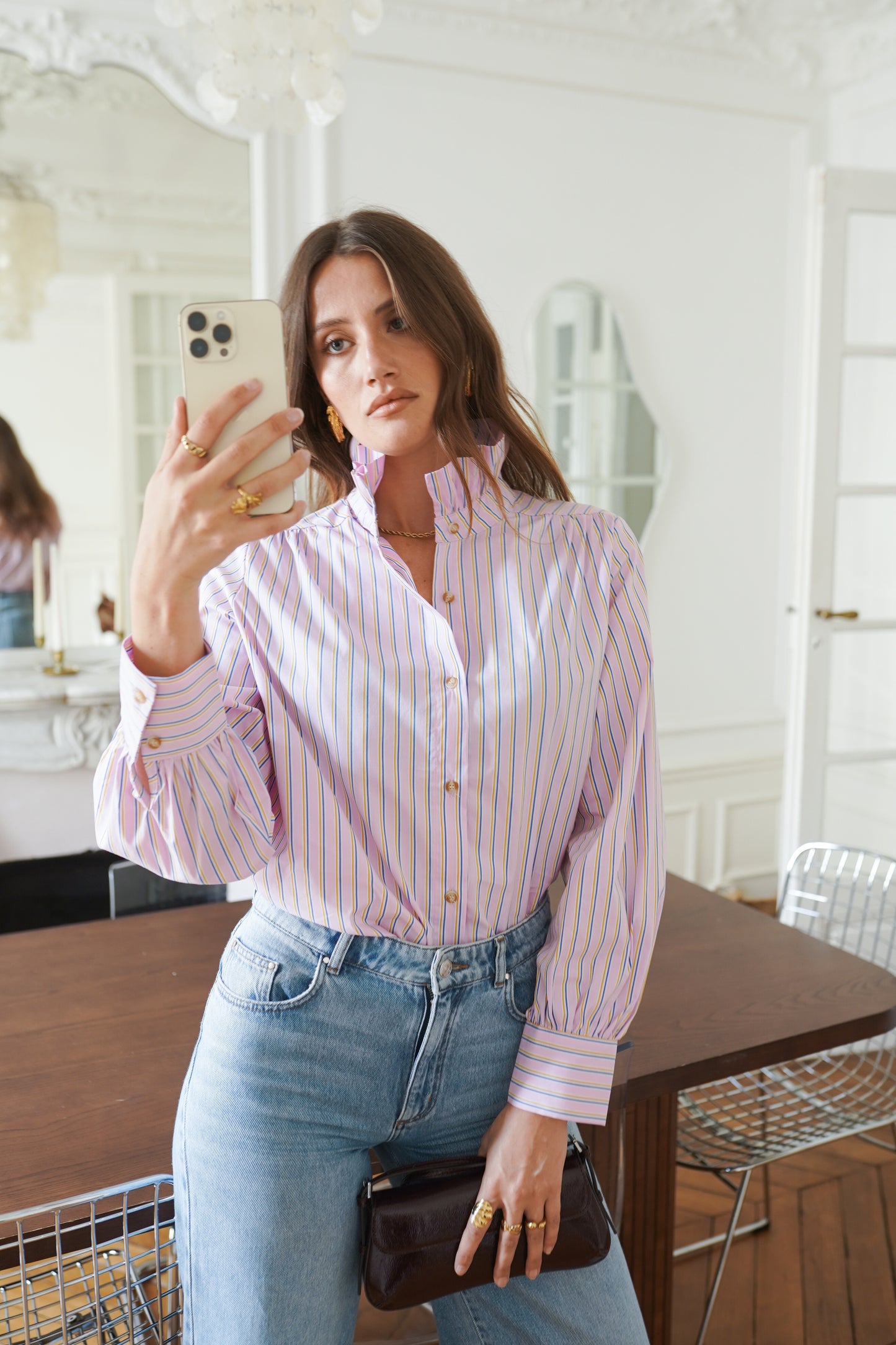 Isla pink striped high collar shirt