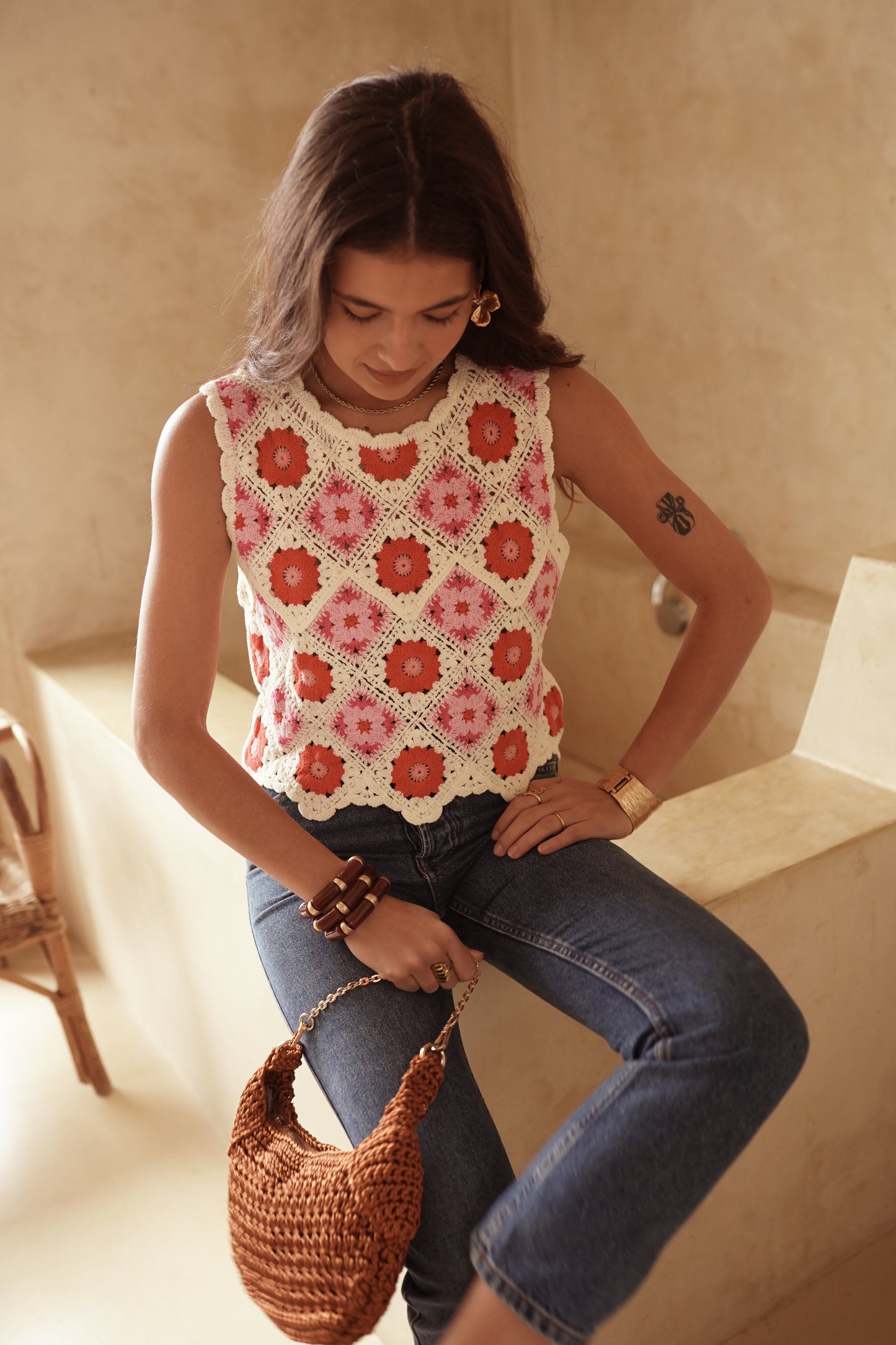 Cleo pink and red crochet cropped top