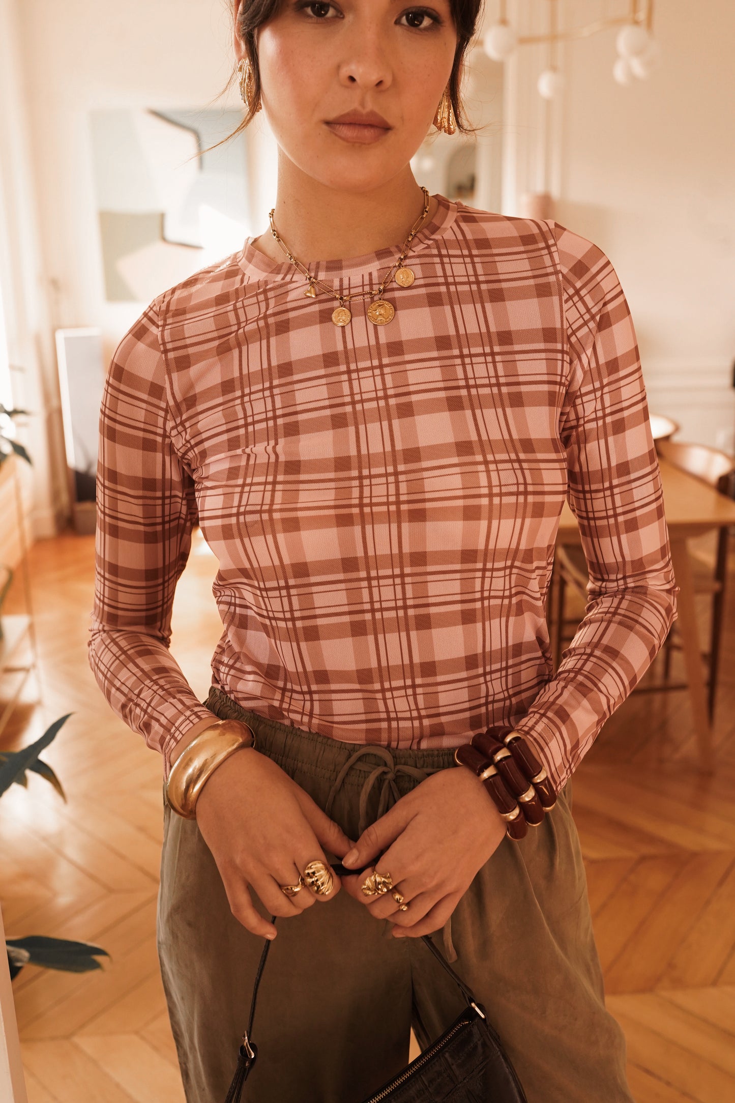 Paula check print semi sheer top