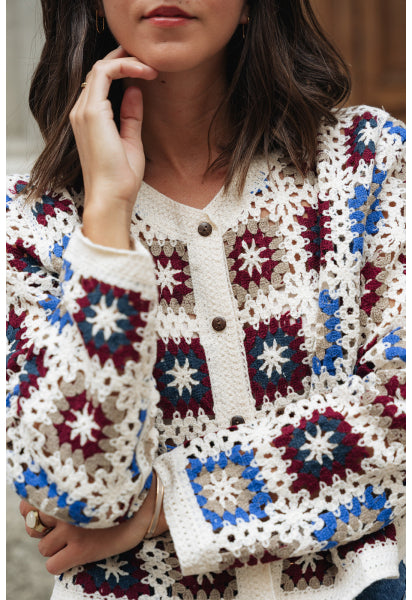 Camille burgundy and blue crochet cardigan