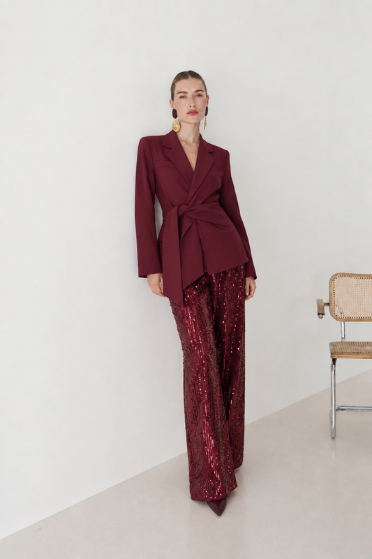 Lily burgundy tie draped long blazer