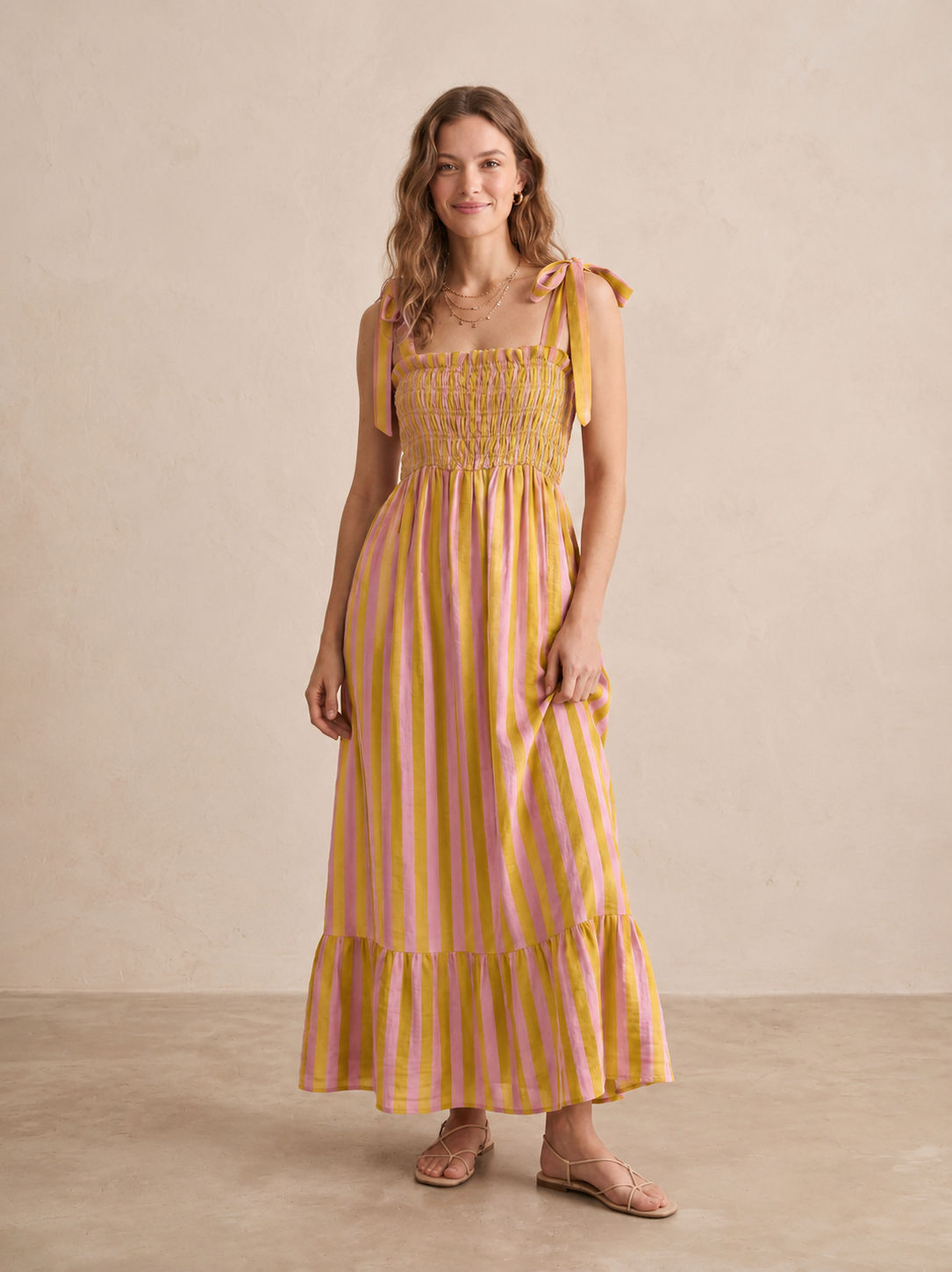 Molly yellow & pink stripe bow strap dress