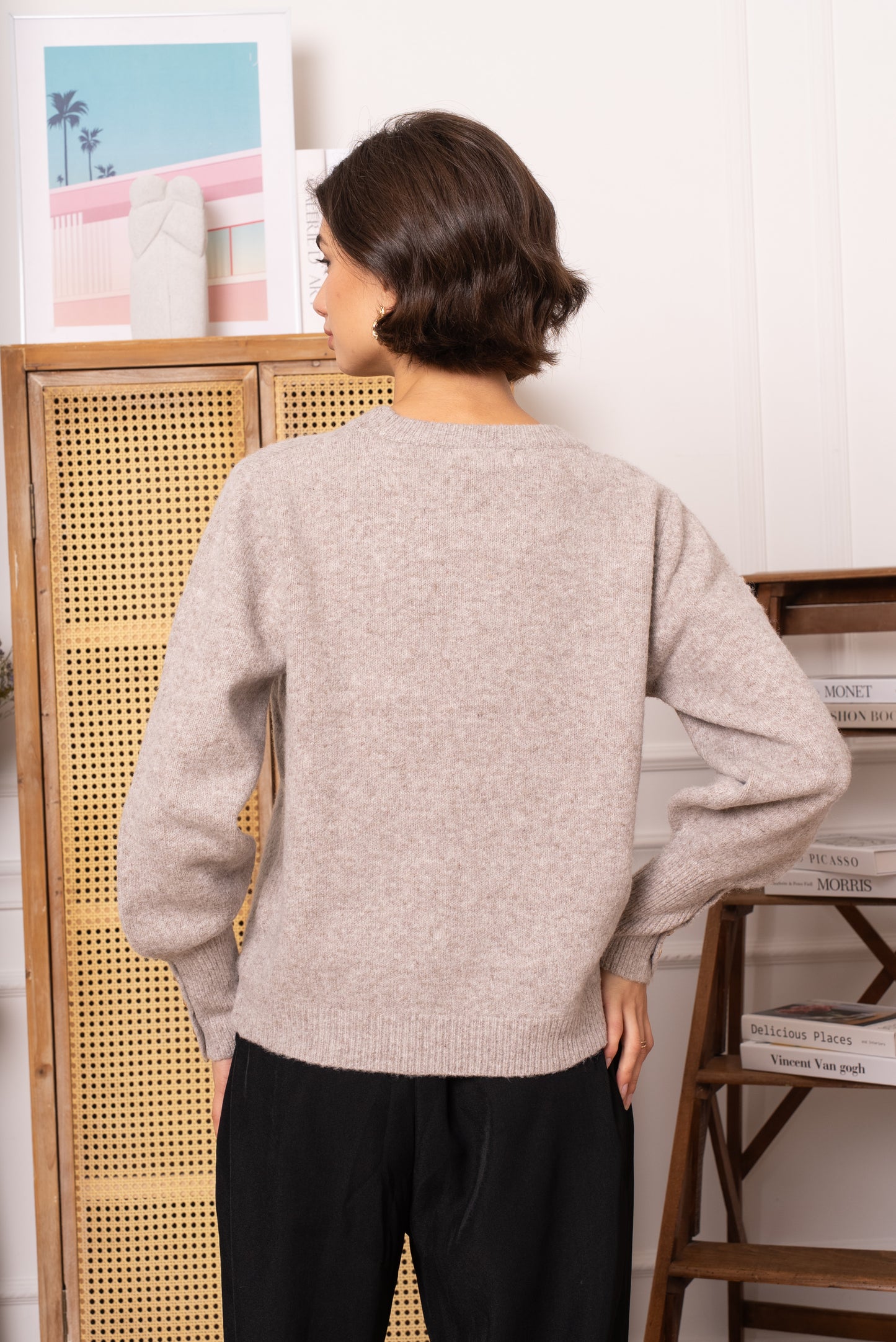 Lauren taupe fluffy jumper with sleeve gold buttons