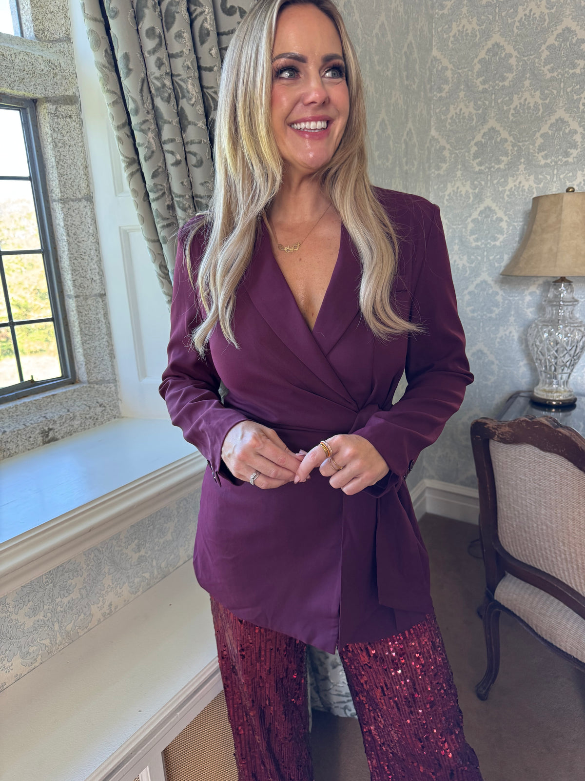Lily burgundy tie draped long blazer
