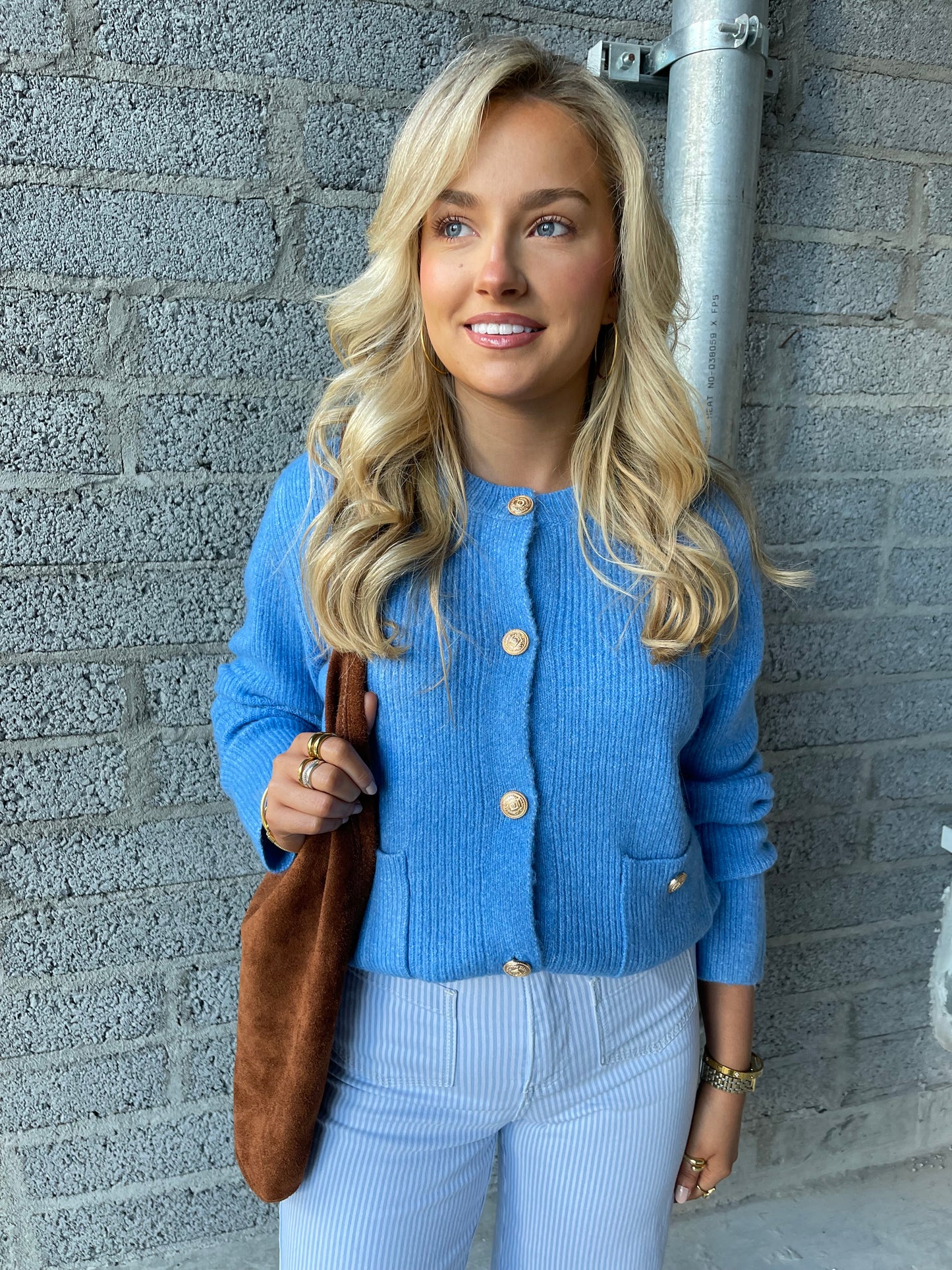 Kate blue ribbed cardigan with gold buttons