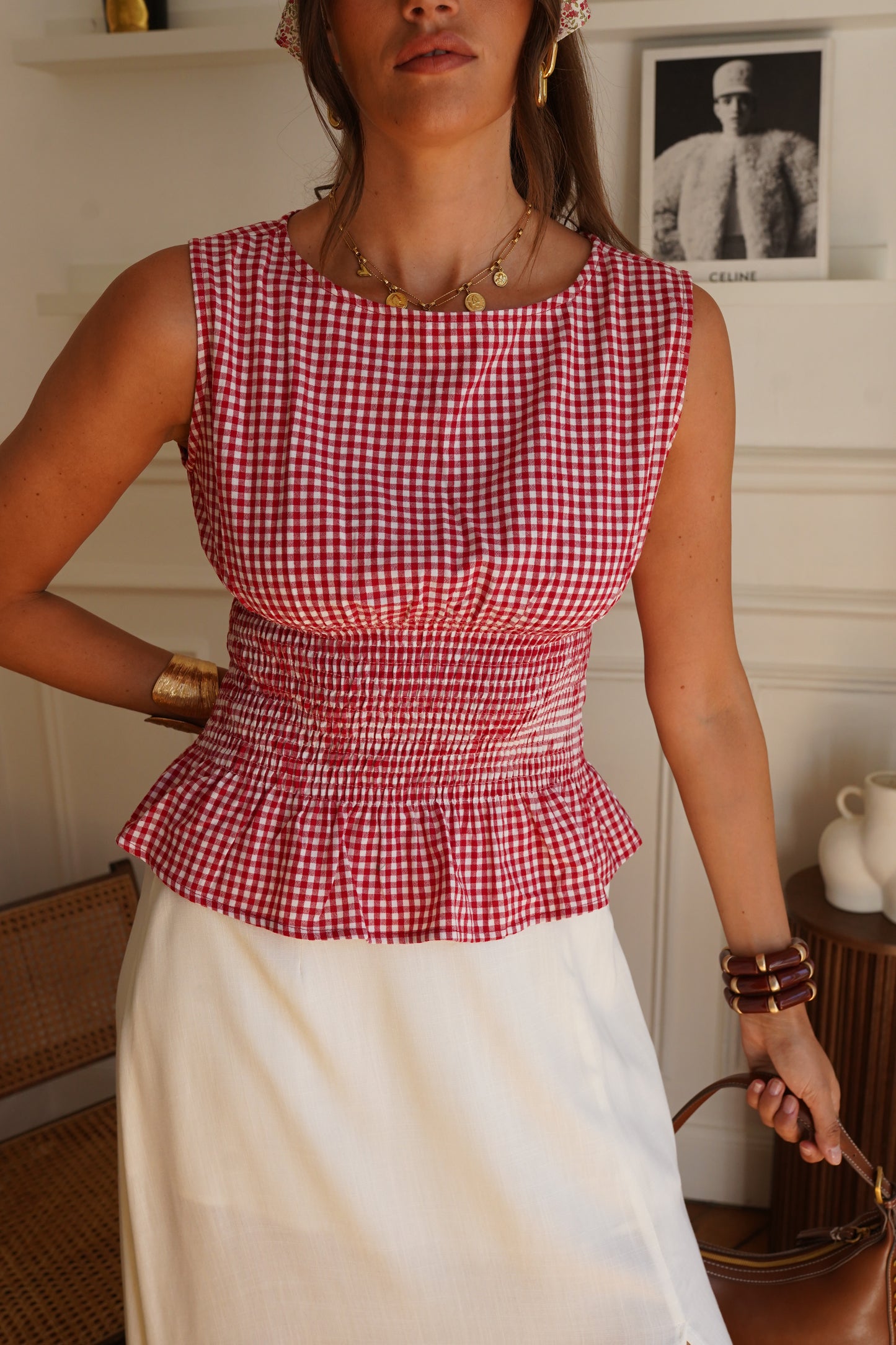 Bella red gingham ruched top
