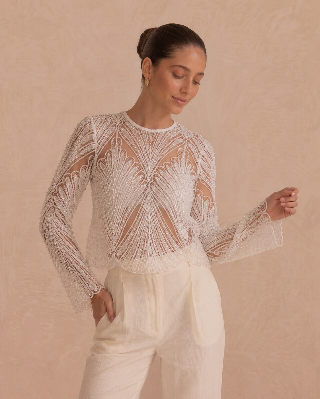 Lola white pearl beaded embroidered top