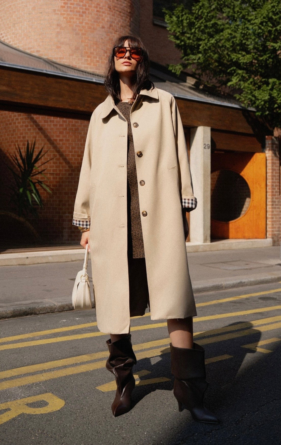 Edith taupe long check cuff trench