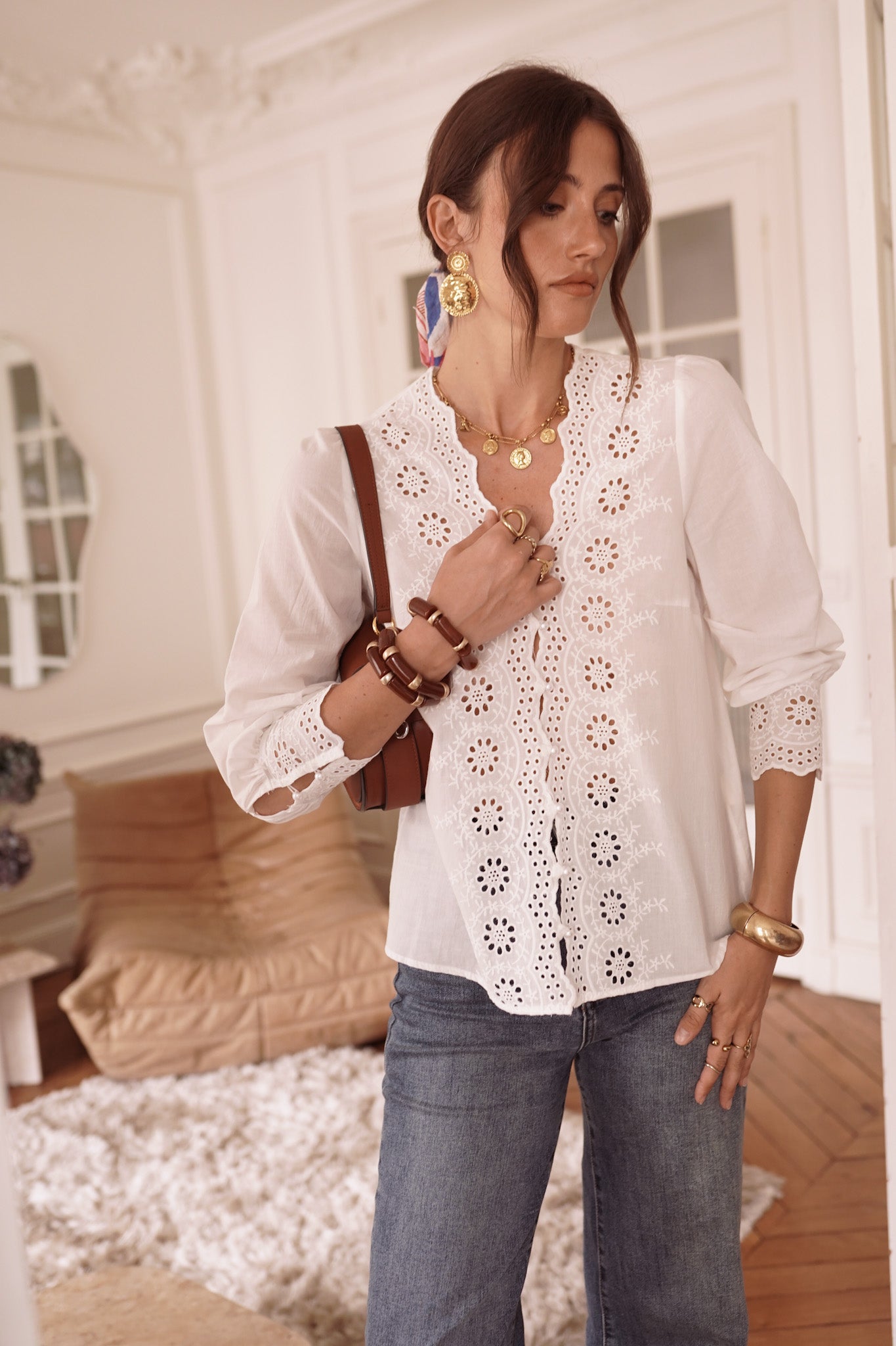 Celeste white lace blouse pearl buttons