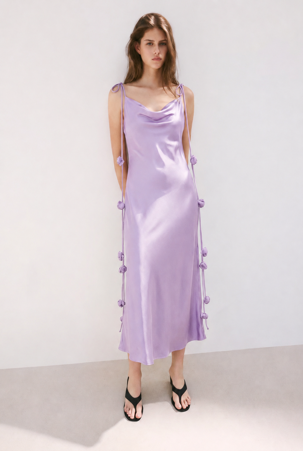 Grace lilac satin flower strap dress