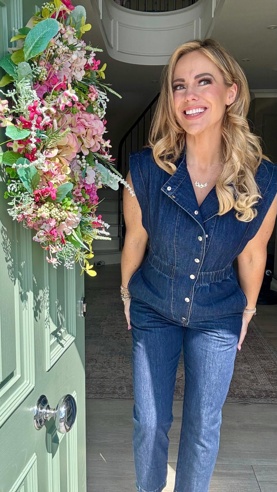 Evie short sleeve dark wash blue denim jumpsuit