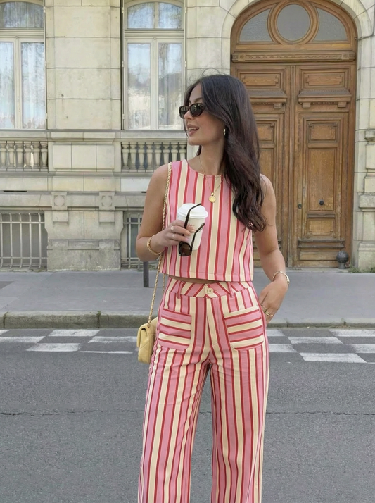 Chloe pink & yellow striped denim top