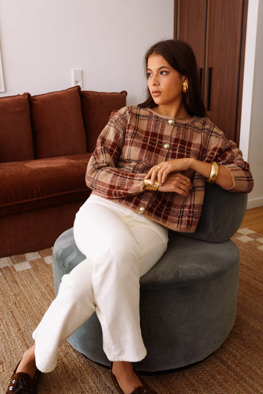 Chloe tartan check print cardigan with gold buttons